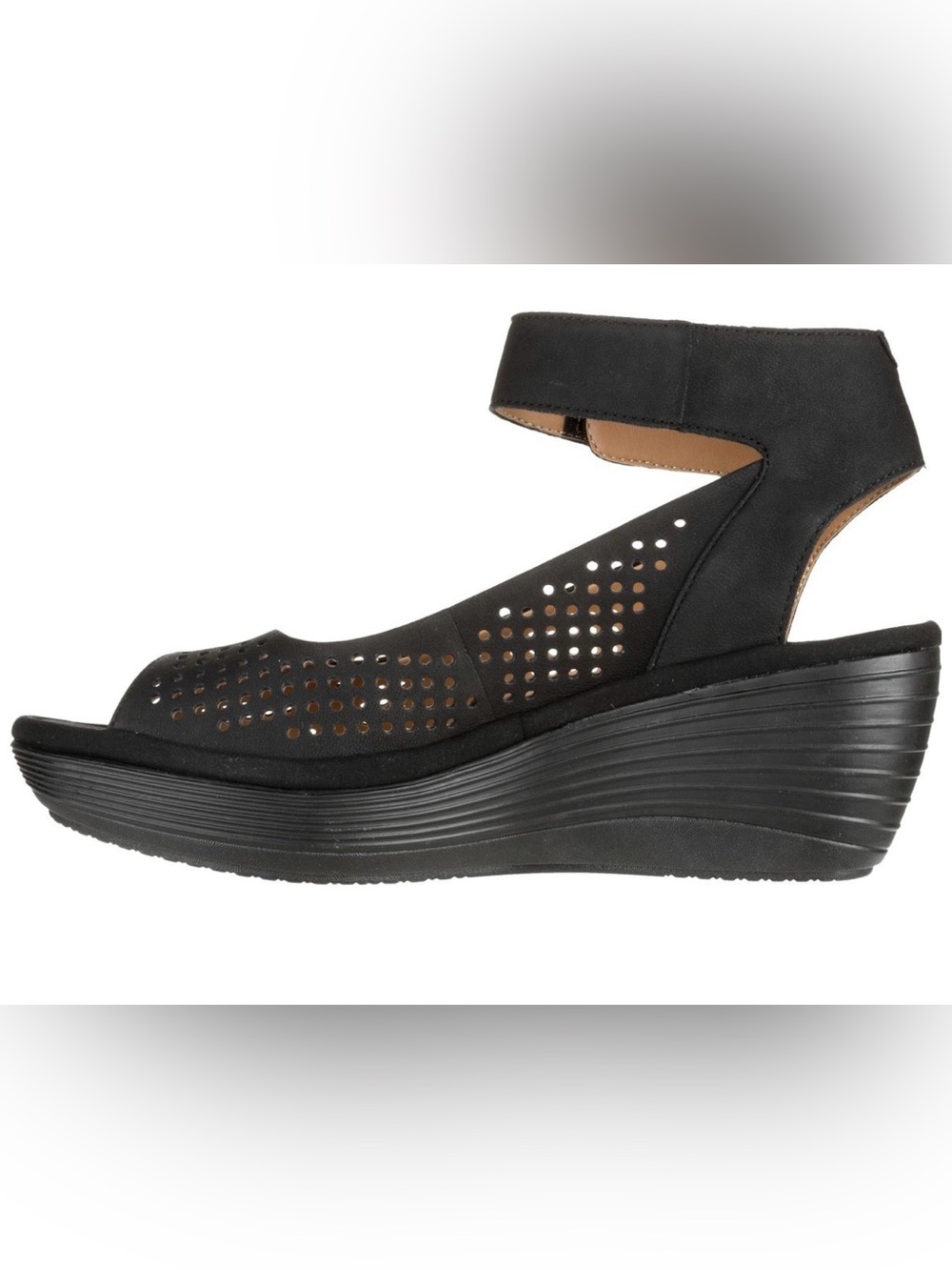 Clark’s Collection Reedly Salene Black Perforated Wedge Sandals w Ankle Strap 9 - Picture 3 of 12